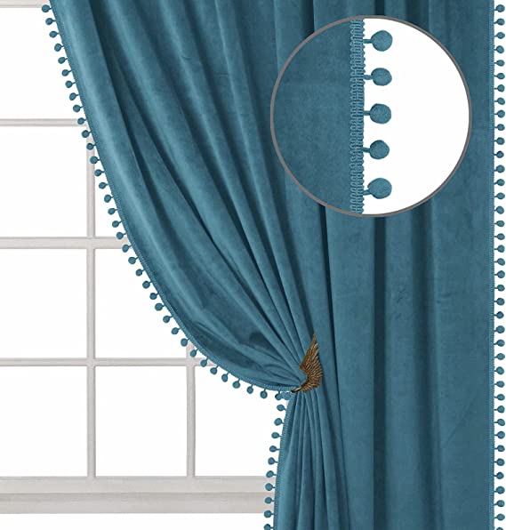 Photo 1 of ZHAOFENG Pom Pom Velvet Curtains with Rod Pocket and Back Tab, Blackout Soft Luxury Thick Sunlight Dimming Heat Insulated Privacy Protect for Living Room, 2 Panels ( Sky Blue, W42 x L95 Inch )
