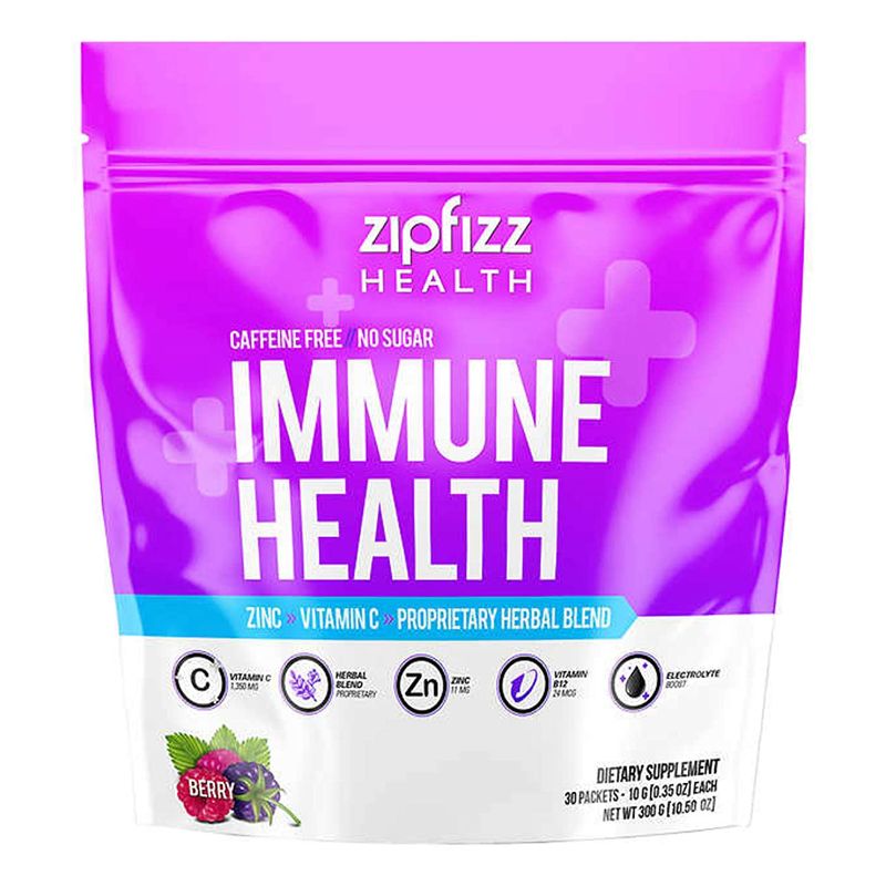 Photo 1 of Zipfizz Immune Health Drink Mix, Immune Boost with Zinc & Vitamin C, Caffeine-Free, Berry, 30 Count --- EXP. 11-2022