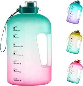 Photo 1 of 1 Gallon Water Bottle With Time Marker - 128oz Large Gallon Water Jug Motivational BPA Free Hydrated with Leakproof Flip Lid for Sports Camping and Fitness (03.Green/Pink Gradient)
