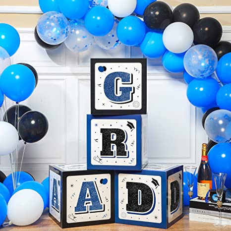 Photo 1 of 2022 Graduation Party Decorations 4 Pieces Graduation Balloon Boxes with GRAD and Congrats Letter Cap Graduation Decorations Class of 2022 Grad Party Decoration Supplies (Black Blue)
