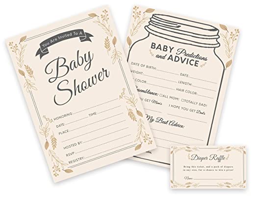 Photo 1 of Baby Shower Invitations, Predictions and Diaper Raffle Tickets - Set of 25 (75 Cards) - Elegant, Mason Jar, Rustic, Gender Neutral, Fill in the Blank - By Simple Glee