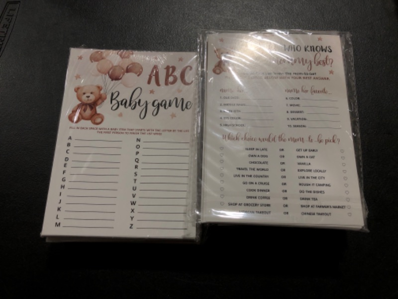 Photo 2 of 302pcs Teddy Bear Baby Shower Game Set of 6 Activities for 50 Guests Gender Neutral Includes Baby Bingo, Baby ABC, Baby Word Scramble, Baby Prediction and More, Each 5x7 Inches Brown