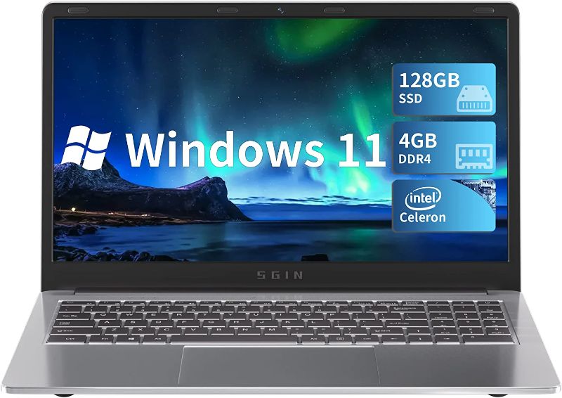 Photo 1 of SGIN Laptop 15.6 Inch Laptops 4GB RAM 128GB ROM SSD Windows 11 Laptops with Intel UHD Graphics 600, 2.8Ghz Intel Celeron N4020C, Mini HDMI, WiFi, Webcam, USB3.0, Bluetooth 4.2