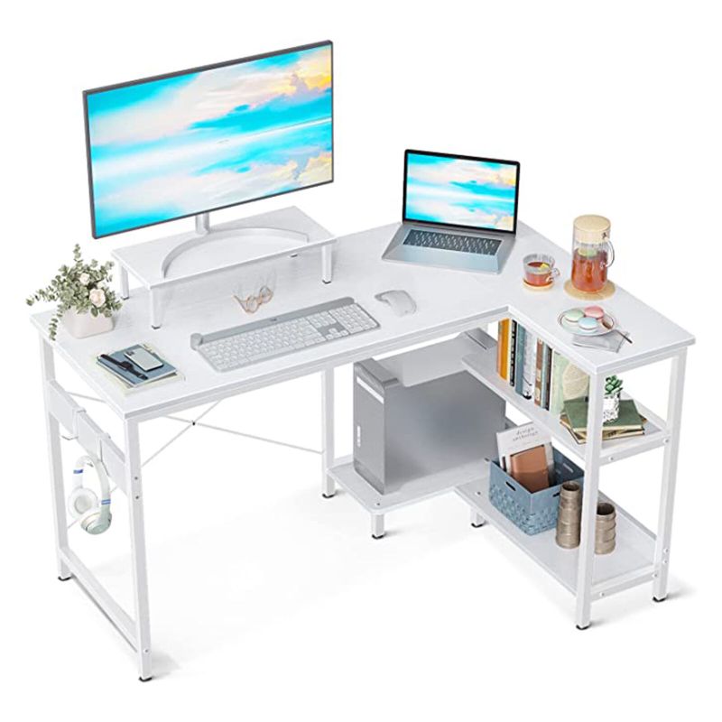 Photo 1 of ODK 47 Inch Compact L Shaped Desk with Storage Shelves and Monitor Stand, White