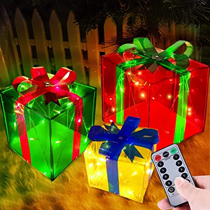 Photo 1 of [ Super Large 12"-8"-6" ] 3 Pack Christmas Lighted Gift Boxes Decoration 60 LED Lights Timer 8 Modes Remote Control Battery Operated Transparent Present Box Xmas Tree Decor Yard Home Outdoor Indoor