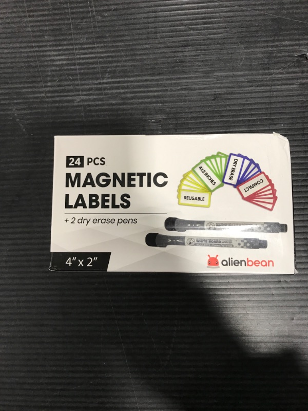 Photo 2 of 24 PC Magnetic Dry Erase Label Set with 2 Magnetic Pens + Built-in Eraser – 4”x 2” 1mm Thickness, Reusable, Compact Sized for Organization Use in Office, Home, Classroom