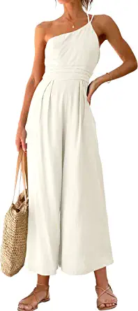 Photo 1 of ANRABESS Women's Summer Straps One Shoulder Pleated High Waist Casual Wide Leg Jumpsuit Romper with Pockets. SIZE S 
