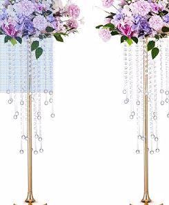 Photo 1 of 29.5in Elegant Tall Gold Wedding Centerpiece Stand, Metal Flower Candle Holder with Chandelier Crystals 2-Piece Movable Wedding Road Lead, Used for Wedding Party Event, Birthday,Reception, Home Décor
