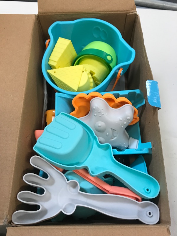 Photo 2 of Auney Beach Toys Set for Kids 20 PCS - Sand Water Wheel, Castle Molds, Truck Bucket, Beach Shovels Rakes Tool Kit, Sea Animal Molds, Watering Can, with Mesh Backpack Sandbox