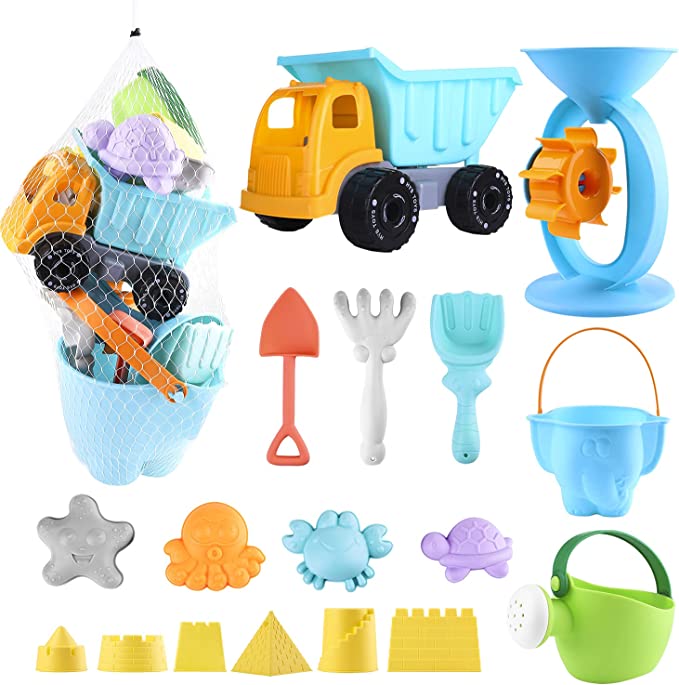 Photo 1 of Auney Beach Toys Set for Kids 20 PCS - Sand Water Wheel, Castle Molds, Truck Bucket, Beach Shovels Rakes Tool Kit, Sea Animal Molds, Watering Can, with Mesh Backpack Sandbox