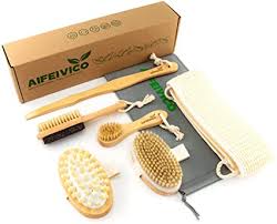 Photo 1 of AIFEIVICO Dry Brushing Body Brush, 5 Pack Natural Boar Bristle& Long Handle Body Brush, Face Brush, Pumice Stone for Feet, Back Scrubber, Cellulite Massager Brush for Lymphatic Drainage, Cellulite