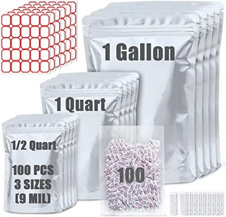Photo 1 of 100 Pack Mylar Bags for Food Storage with 100x300cc Oxygen Absorbers - 9 Mil 10"x14" 6"x9" 4.3"x6.3" - Resealable Bags for Packaging Products & Ziplock Food Grade Bags for Storage