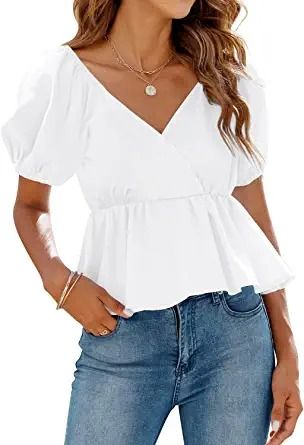 Photo 1 of DOROSE Womens Short Sleeve V Neck Tops Sexy Casual Ruffle Blouses Shirts SIZE XL