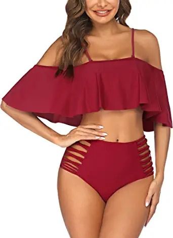 Photo 1 of ADOME Women Two Piece Swimsuit Tummy Control High Waisted Bikini Off Shoulder Ruffle Bathing Suits
