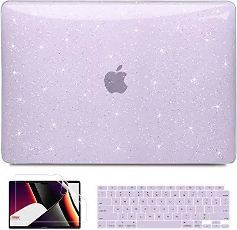 Photo 1 of B BELK MacBook Pro 14 inch Case 2022 2021 Release A2442 with M1 Pro/Max Chip, Glitter Plastic Hard Shell Case +Keyboard Cover + Screen Protector for 2021 MacBook Pro 14'' with Touch ID, Sparkly Purple
