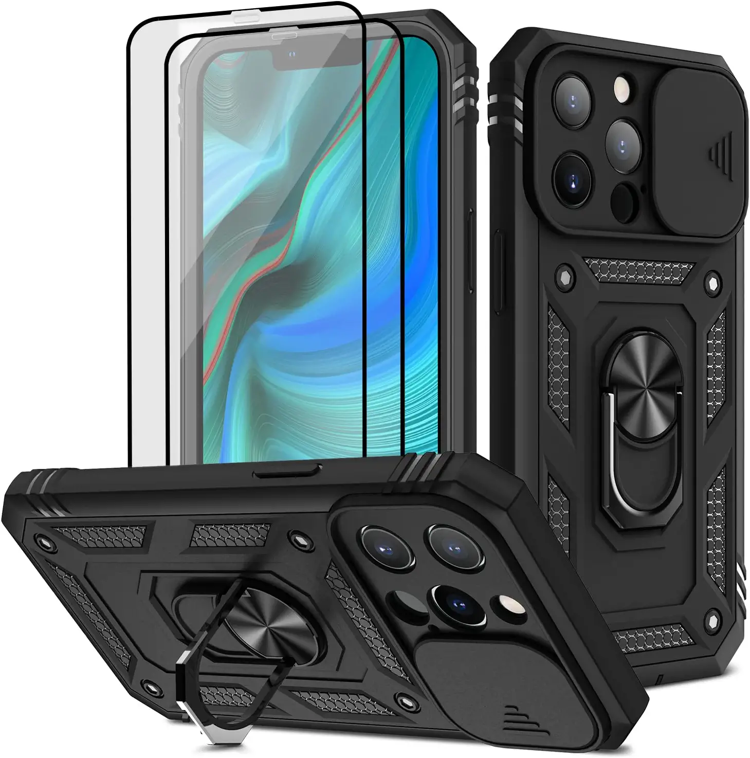 Photo 1 of pompvla for iPhone 13 Pro Max Case 6.7 inch Military Grade Drop Full Body Rugged Cover with Camera Slide Anti-Scratch Protective Magnetic Stand Card Woman Man?with 2 Soft Glass Screen Protector?Black