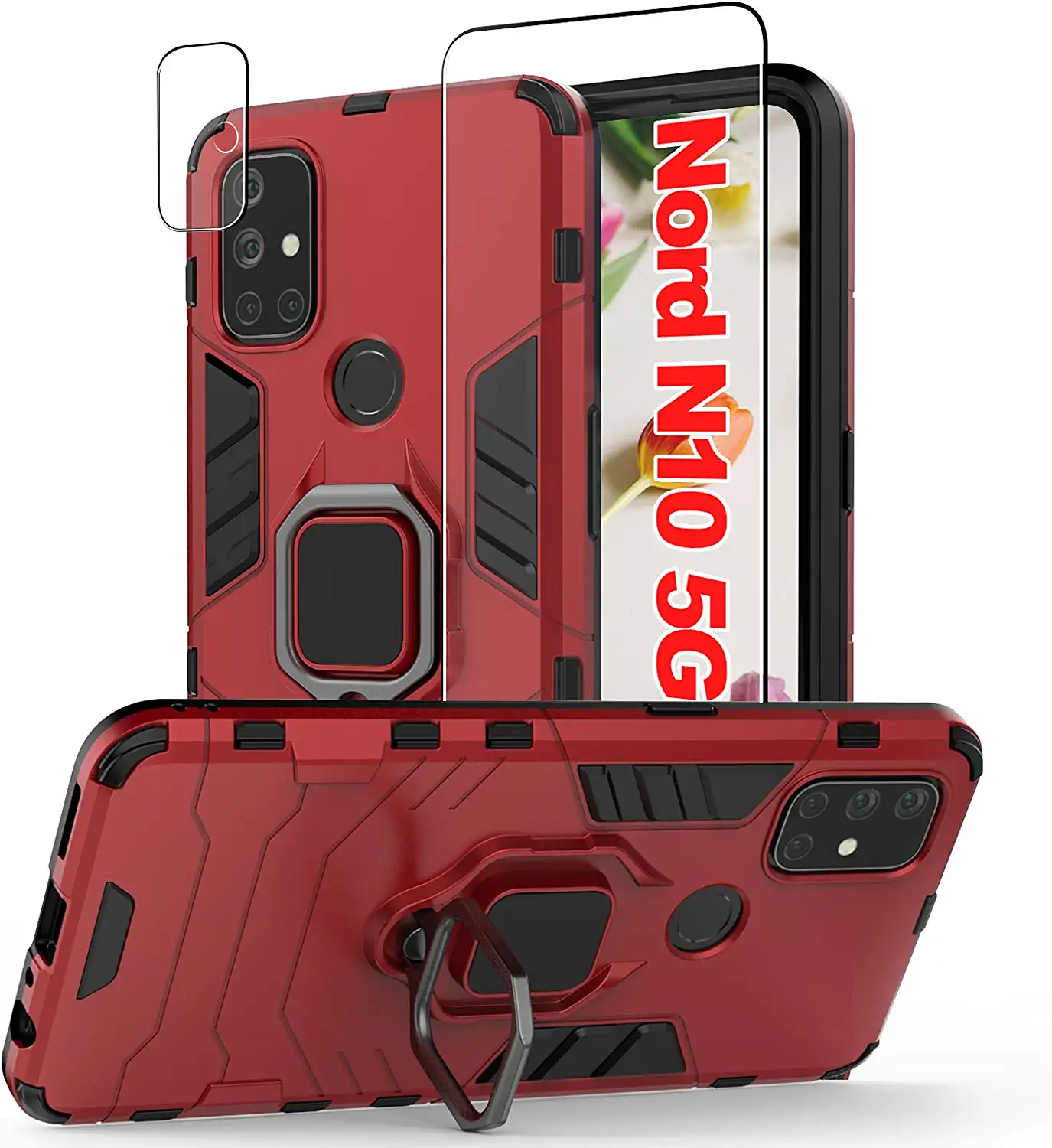 Photo 1 of [3p] Jusy Oneplus Nord N10 5G Case & Tempered Glass Screen Protector & Camera Protector for 1+ Nord N10, Protective Case with Rotate Holder Kickstand and Magnetic Plate for Oneplus N10 5G (Red)