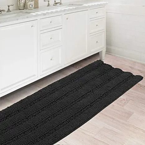 Photo 1 of Bath Rugs Ultra Thick and Soft Texture Bath Mat Chenille Plush Striped Floor Mats Hand Tufted Bath Rug with Non-Slip Backing Door Mat for Kitchen/Entryway (BLACK - 47" x 17")