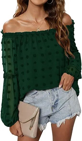 Photo 1 of Blooming Jelly Women's Off The Shoulder Tops Chiffon Blouses Long Sleeve Shirts Flattering Pom Pom Top (SIZE:M)