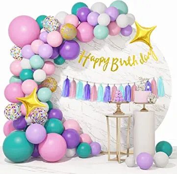 Photo 1 of 162Pcs Unicorn Birthday Balloons Arch Garland Kit 12"10"5" Aqua Blue Purple Pink and Gold Confetti Balloons Happy Birthday Banner Tassels & 7 Tools Unicorn Birthday Decorations for Girls Boys Party Supplies