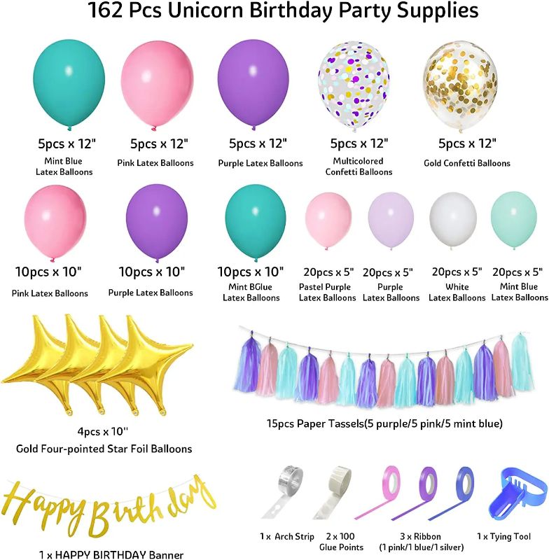 Photo 2 of 162Pcs Unicorn Birthday Balloons Arch Garland Kit 12"10"5" Aqua Blue Purple Pink and Gold Confetti Balloons Happy Birthday Banner Tassels & 7 Tools Unicorn Birthday Decorations for Girls Boys Party Supplies