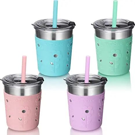 Photo 1 of 8 OZ Kids & Toddler Cups - 4 Pack Spill Proof Stainless Steel Tumblers with Leak Proof Lids, Silicone Straw with Stopper & Sleeve - BPA FREE Snack Smoothie Sippy Cups for Baby Girls Boys Drinking Jars