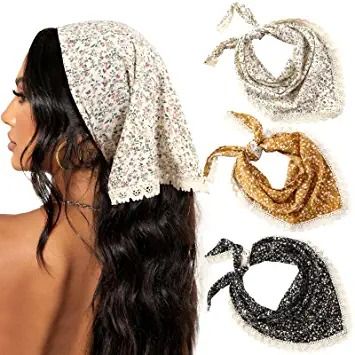 Photo 1 of 3Pcs Floral Hair Bandanas Chiffon Head Kerchief for Women Girls Boho Hair Scarf Headband Bandana Daisy Lace Head Scarf (Lace Trim Floral(yellow/black/beige))
