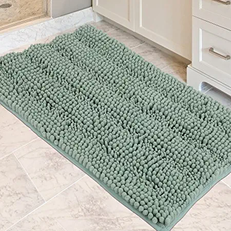 Photo 1 of Bathroom Rugs, Soft Chenille Bath Mat, Super Absorbent Water Bath Rugs, Striped Pattern Bath Mats for Bathroom Non Slip, Machine Washable, Bath Mats for Indoor and Bathroom Floor, 32"x20" Egg Blue