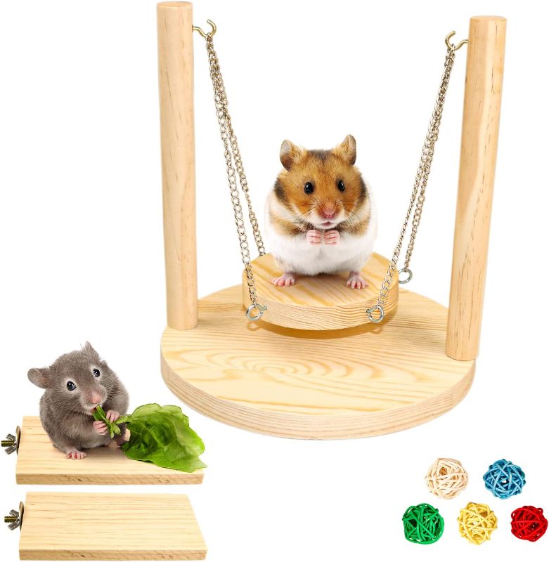 Photo 1 of 3 Pcs Hamster Enrichment Toy, Natural Wooden Hamster Swing with Base Durable Chinchilla Ledge Increase Activity for Dwarf Hamster Gerbil Budgie Finch
