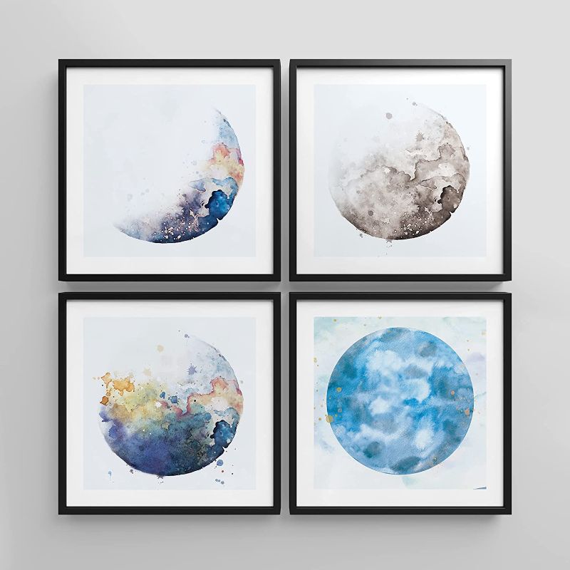 Photo 1 of Ashbrook Framed Wall Art Collage Print Gallery Set Celestial Lunar Phase Astronomy & Space Moon Watercolor Minimalism Decorative Relax/Calm Gray for Living Room, Bedroom, Office - 12"x12"x4 BLACK