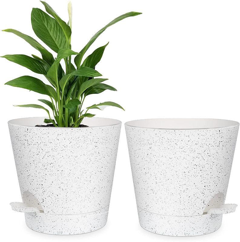 Photo 1 of 8 Inch Speckles Plant Pots, Plastic Self Watering Planters with High Drainage Holes and Saucers for Indoor Plants and Flowers, White