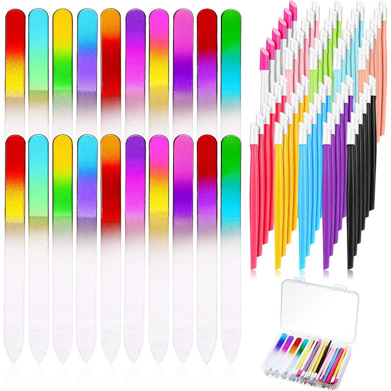 Photo 1 of 81 Piece Glass Nail File Gradient Rainbow Color Double-sided Buffer, Plastic Handle Nail Cuticle Pusher Rubber Tip Nail Cleaner and Storage Box Colored Nail Art Tool for Manicure Nail Salon, 2 COUNT