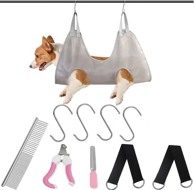 Photo 1 of 10 in 1 Pet Grooming Hammock Harness for Cats & Dogs, Dog Grooming Harness at Home, Dog Nail Kit, Pet Stuff Helper with Nail Clippers/Trimmer, Pet Comb, Nail File for Bathing, Eye/Ear Care