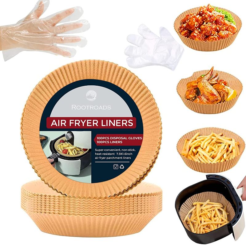 Photo 1 of 100 PCS 7.9 Inch Air Fryer Disposable Paper Liner & Disposable Gloves - Parchment Paper Sheets for Airfryer, Oven, Baking, Cooking, Frying, Microwave, Roasting - Non-Stick, Grease & Waterproof - Round
