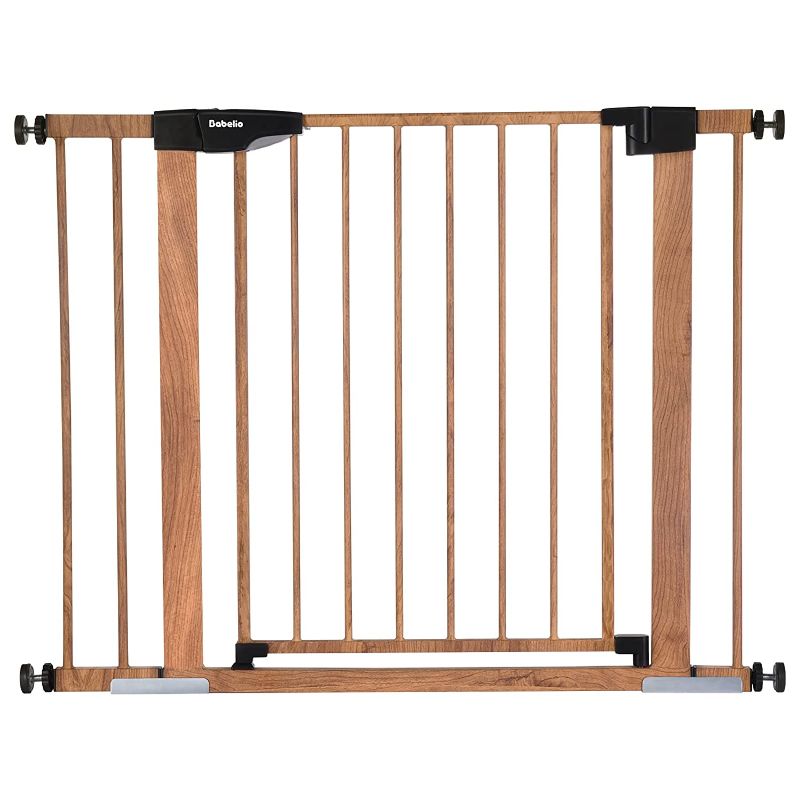 Photo 1 of Babelio Metal Baby Gate with Wood Pattern, 29-40" Easy Install Pressure Mounted Dog Gate, No Drilling, No Tools Required, Ideal for Stairs and Doorways, with Wall Protectors and Extenders
