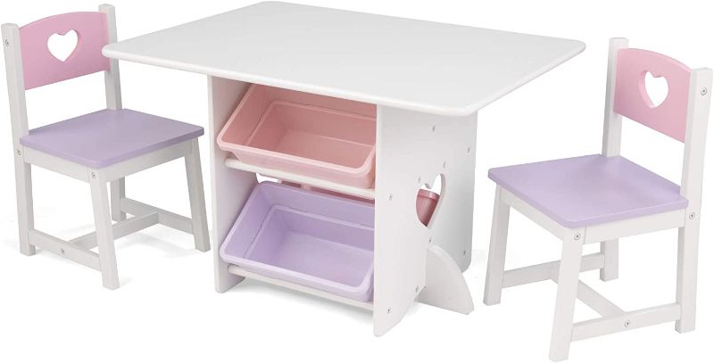 Photo 1 of KidKraft Wooden Heart Table & Chair Set with 4 Storage Bins, Children's Furniture – Pink, Purple & White, Gift for Ages 3-8
