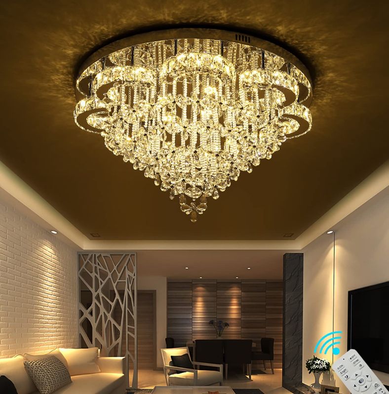 Photo 1 of 32''Modern Shiny Crystal Chandelier Contemporary Crystal Ceiling Raindrop Chandelier Pool Light for Bathroom Celiling lamp Dining Room Living Room Bedroom Suspension Lamp 3500K-6000K Include Bulb
