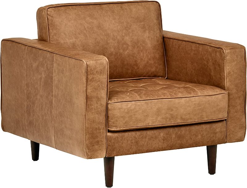 Photo 1 of Amazon Brand – Rivet Aiden Mid-Century Modern Tufted Leather Accent Chair (35.4"W) - Cognac Leather
