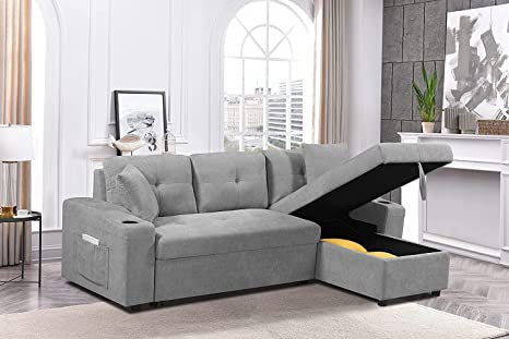 Photo 10 of (ONLY COMES WITH BOX NUMBER 1 OF 3 AND 2 OF 3) Modern Linen Sectional Sleeper Sofa Bed Convertible L-Shape Couch with Storage Chaise Lounge,Side Pockets,Cup Holders,2 Pillows for Living Room Apartment Furniture, Light Gray