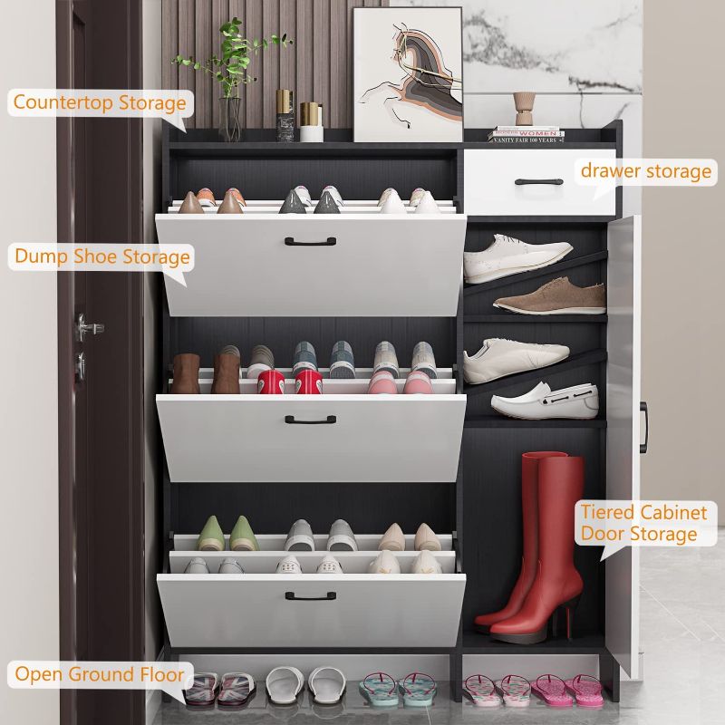 Photo 1 of 24 Pair Hidden Shoe Storage Cabinet with Doors, 3 Tier Free Standing Shoe Rack for Entryway, Tall Shoe Rack Shelf with Drawer for Closet
