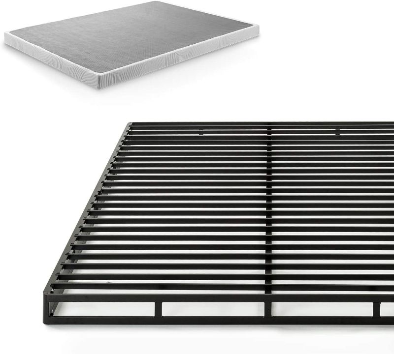 Photo 1 of ZINUS Quick Lock Metal Smart Box Spring / 4 Inch Mattress Foundation / Strong Metal Structure / Easy Assembly, King, Box Packaging Badly Damaged, Minor Use, Scratches and Scuffs Found on item, Missing Parts


