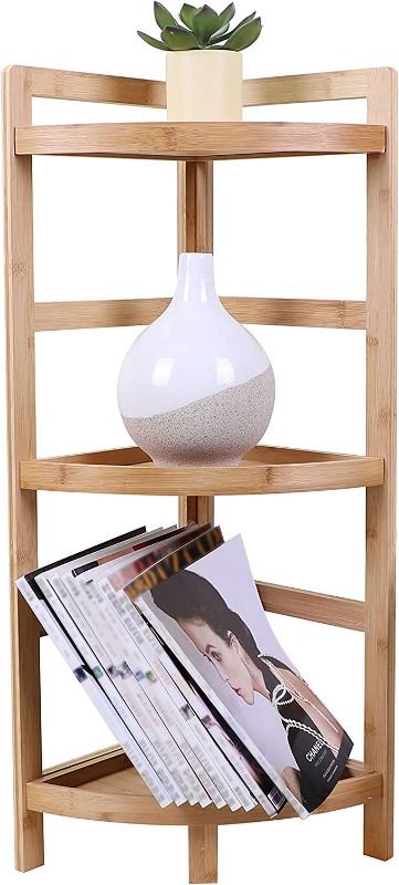 Photo 1 of 3 Tier Bamboo Corner Shelf Storage Rack, Free Standing Corner Rack Multipurpose Shelving Unit, Living Room Bathroom Kitchen Shelf Storage, 33.5''
