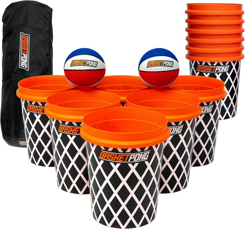 Photo 1 of BasketPong™ Giant Yard Pong X Basket Ball Game with Durable Balls and Buckets - Outdoor Game for Lawn, Backyard and Beach - Set Includes 12 Buckets, 2 Basket Balls 
