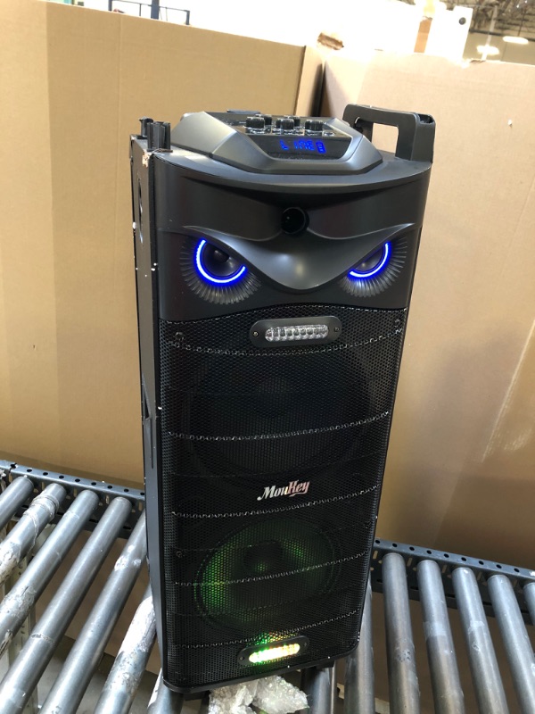 Photo 2 of Moukey Karaoke Machine, Outdoor Speaker 10" Subwoofer PA System, Portable Bluetooth Speaker with Wireless Microphone, Remote, Disco Lights and Wheels, Bass Boost, Supports TWS/REC/AUX/MP3/USB/TF/FM
