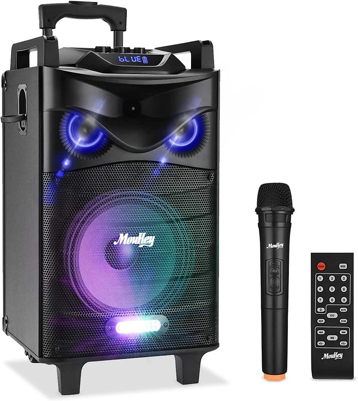 Photo 1 of Moukey Karaoke Machine, Outdoor Speaker 10" Subwoofer PA System, Portable Bluetooth Speaker with Wireless Microphone, Remote, Disco Lights and Wheels, Bass Boost, Supports TWS/REC/AUX/MP3/USB/TF/FM
