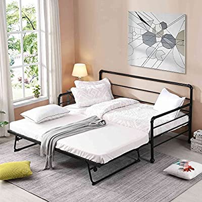 Photo 1 of **Incomplete***Cotoala Twin Size Daybed with Adjustable Pop Up Trundle, Heavy-Duty Steel Metal Bedframe Space Saving, Perfect for Kids/Teens/Adults, Black**missing 1 box**
