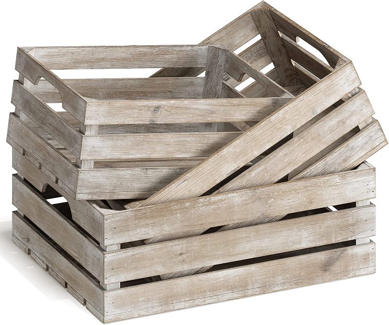 Photo 1 of Barnyard Designs Rustic Wood Nesting Crates with Handles Decorative Farmhouse Wooden Storage Container Boxes, Set of 3, 16” x 12.5” (Whitewashed)
