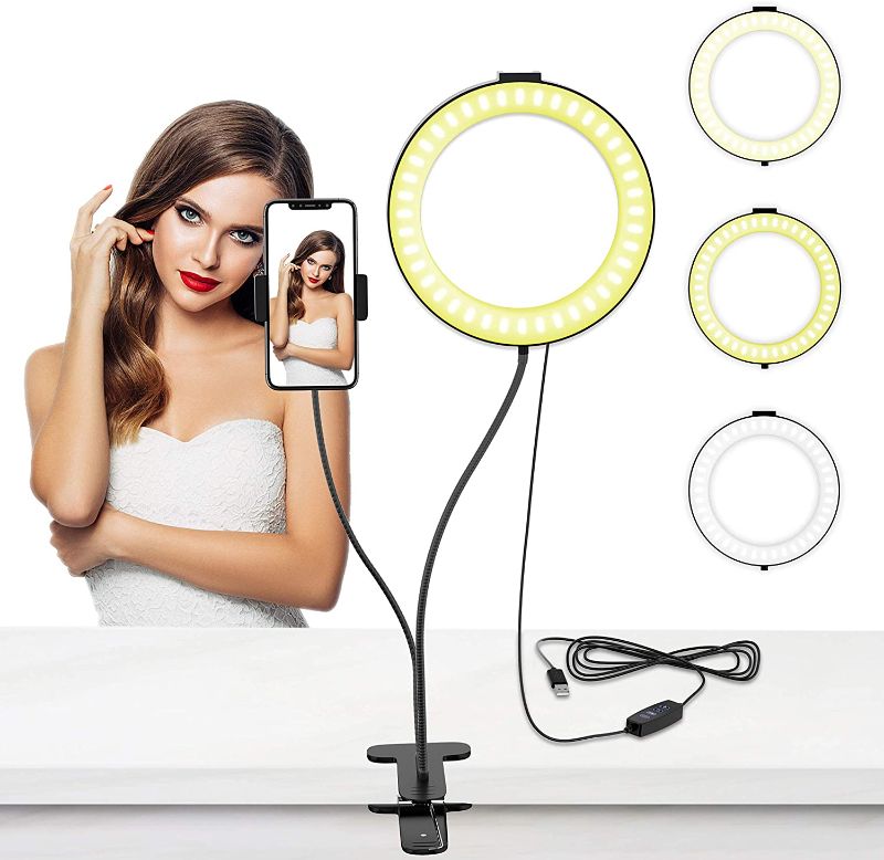 Photo 1 of Selvim Selfie Ring Light with Cellphone Holder Stand for Live Stream & Makeup, 6" 64 LED Bulbs Dimmable Beauty Light with 3 Light Modes & 10-Level Brightness 360° Rotating for iPhone and Android