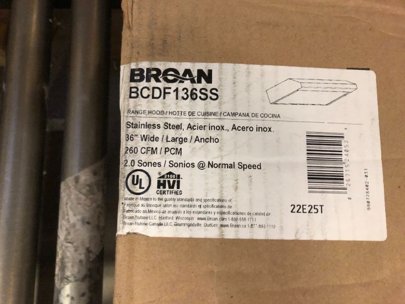 Photo 1 of Broan-NuTone BCDF136SS Glacier 36-inch Under-Cabinet Easy Install 4-Way Convertible Range Hood with 3-Speed Exhaust Fan and Light, Stainless Steel
