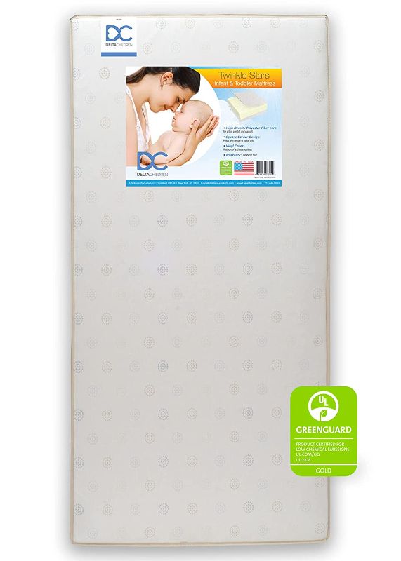 Photo 1 of Delta Children Twinkle Stars Dual Sided - Premium Sustainably Sourced Fiber Core Crib and Toddler Mattress - Waterproof - GREENGUARD Gold Certified (Non-Toxic) - 7 Year Warranty - Made in USA
